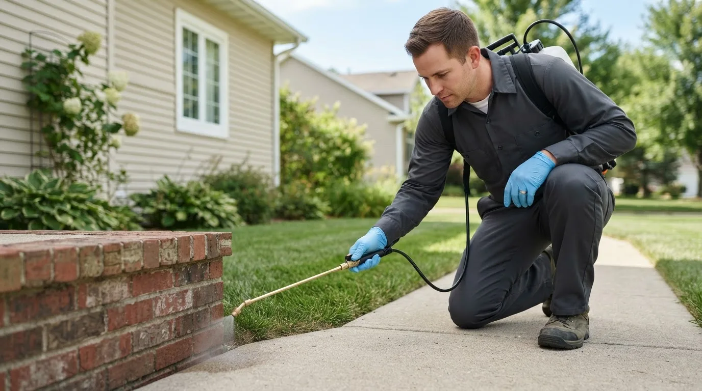 Pest control technician treating a home near Derrick City, PA